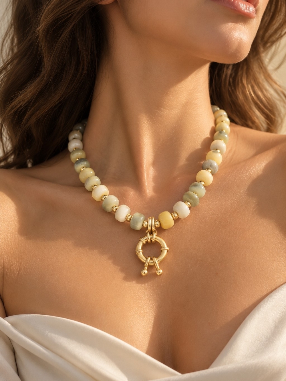 Gold-Accented Cream & Pale Green Beaded Necklace
